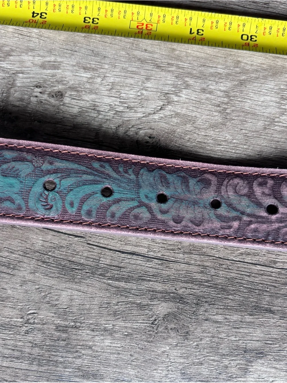 Tooled Leather Belt with Oval Buckle - Green and Brown